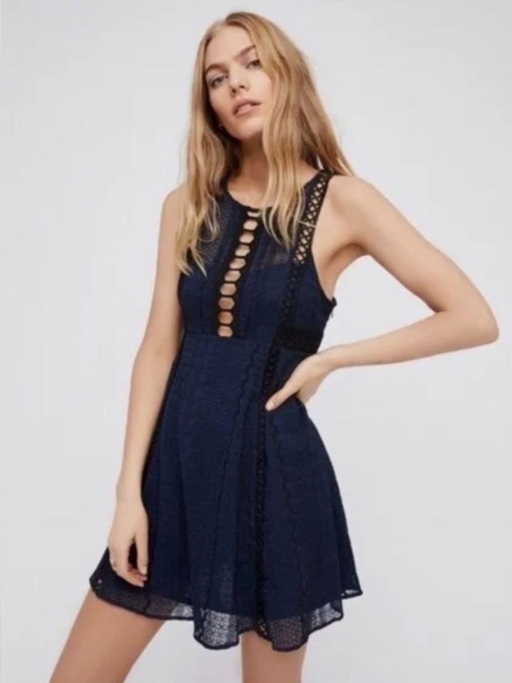 Free People Wherever You Go Mini Dress Black Lace Cutout Swing Dress 8 - Picture 2 of 7